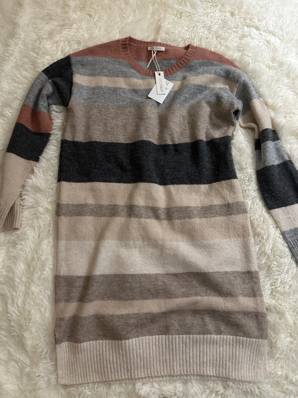 Striped Crewneck Sweater Dress in Black, Gray, Cream & Rust
